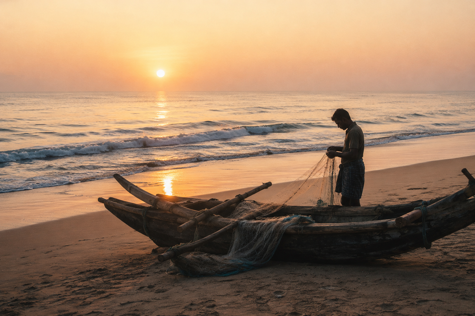 Puri fishermen mending nets beside narrow wooden boats on the sand in early light