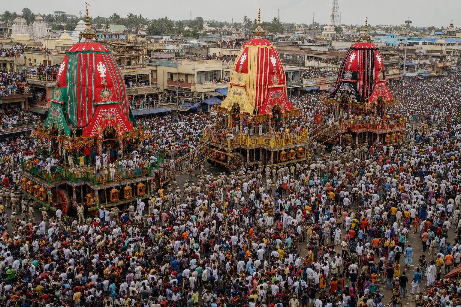 Three towering striped chariots of the Puri Rath Yatra, ringed by an immense crowd
