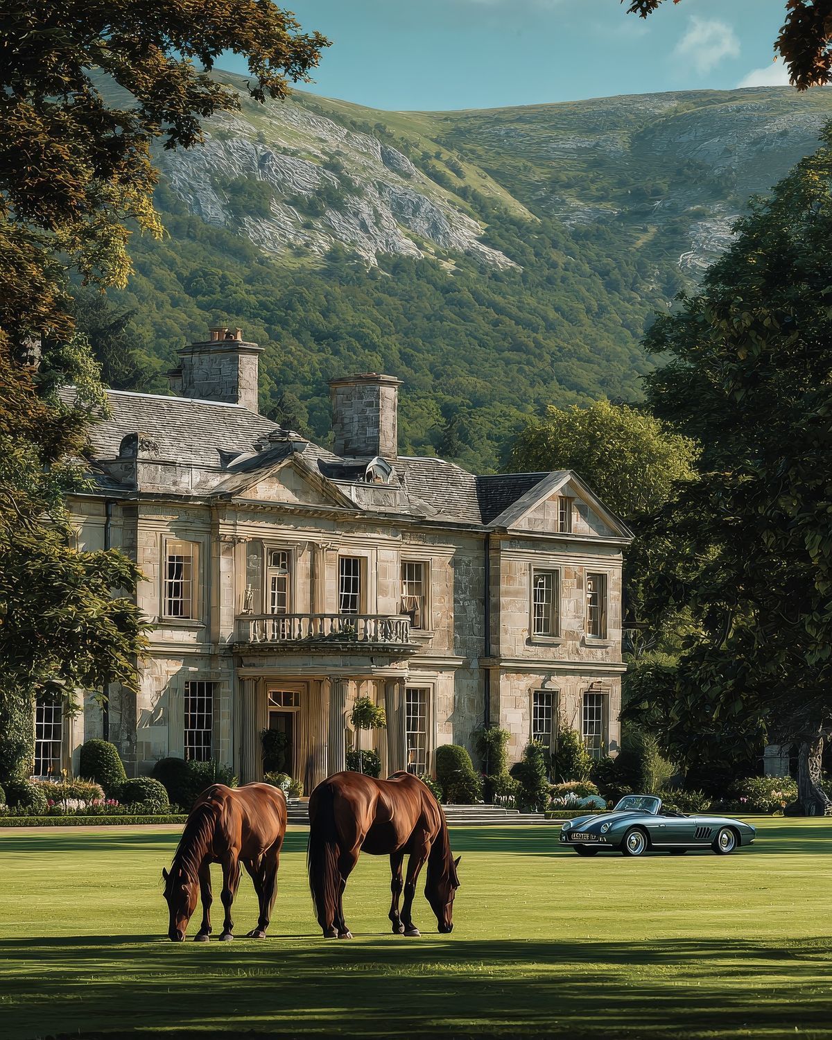Stone country house with horses grazing on the lawn and a classic car nearby