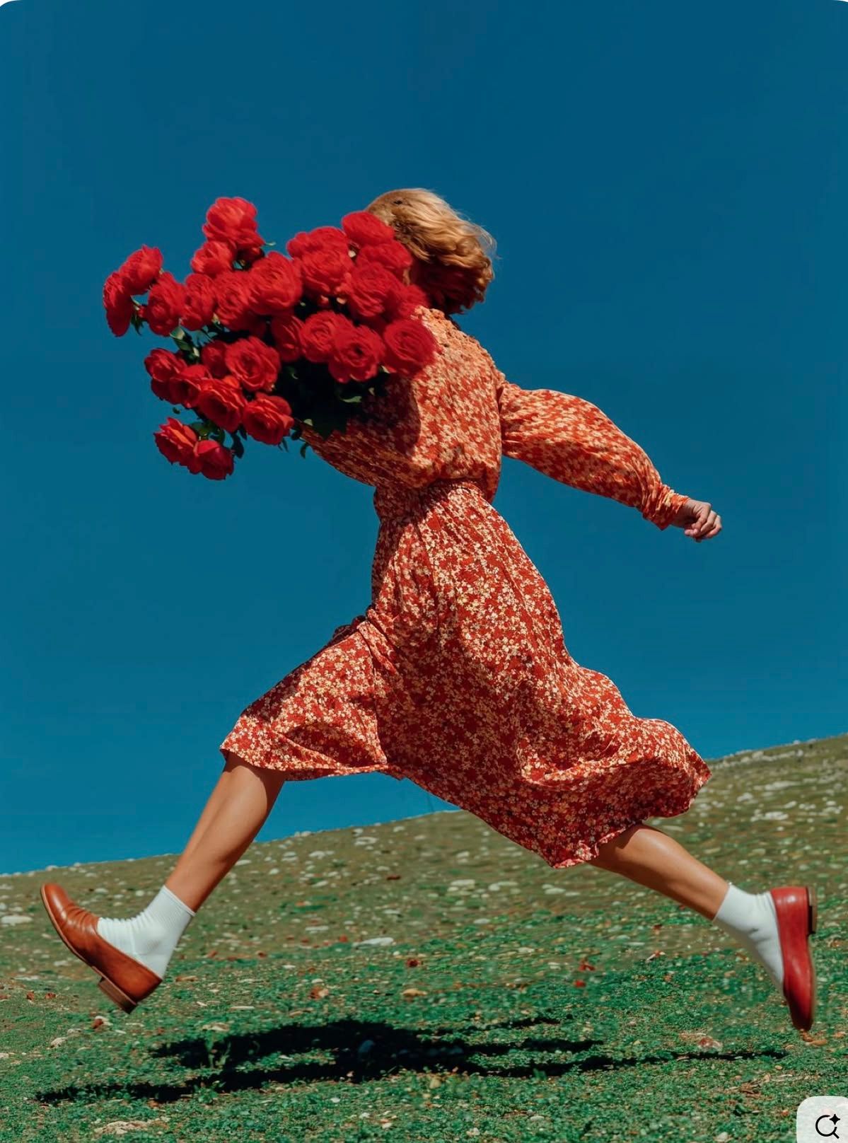 Woman in a patterned dress carrying red roses against a blue sky