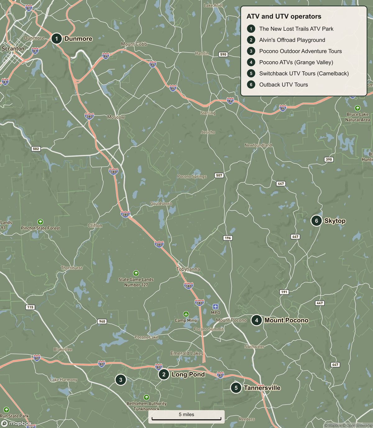 Map of the Poconos and Scranton area with six numbered pins marking ATV and UTV operators: The New Lost Trails ATV Park in Dunmore, Alvin's Offroad Playground and Pocono Outdoor Adventure Tours on Long Pond Road, Pocono ATVs in Mount Pocono, Switchback UTV Tours at Camelback in Tannersville and Outback UTV Tours in Skytop, with I-80, I-380 and I-84.