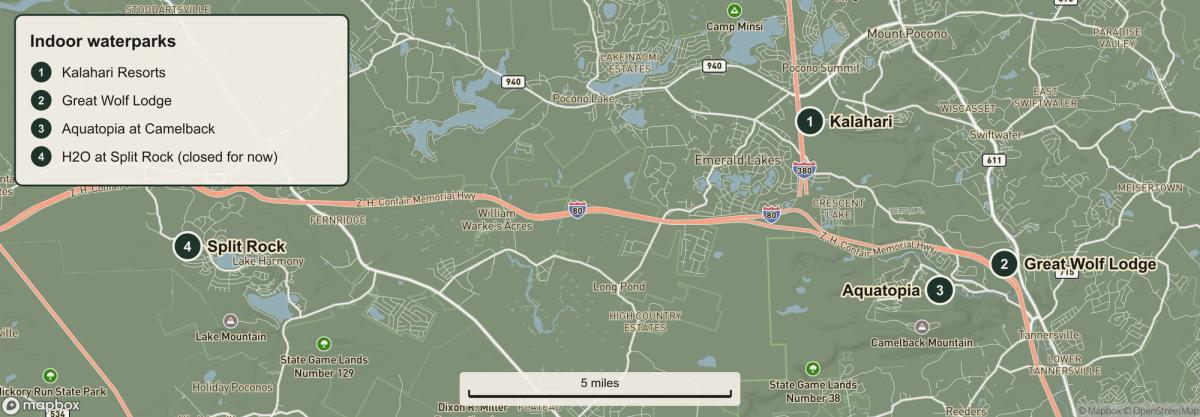 Map of the central Poconos with four numbered pins: Kalahari Resorts at Pocono Summit, Great Wolf Lodge at Scotrun, Aquatopia at Camelback near Tannersville, and Split Rock at Lake Harmony, with I-80 and I-380 running between them.