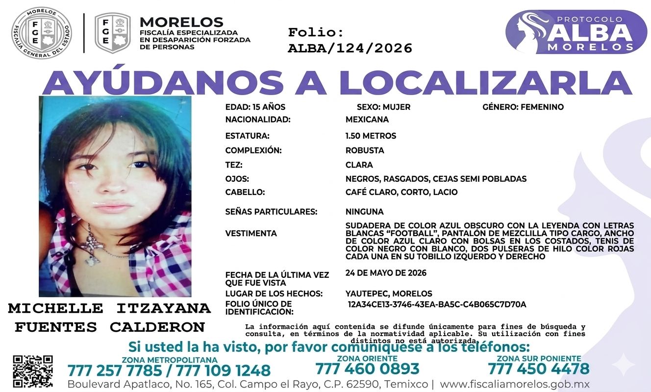 A UNA SEMANA DE SU DESAPARICIÓN, CONTINÚA LA BÚSQUEDA DE MICHELLE ITZAYANA EN MORELOS