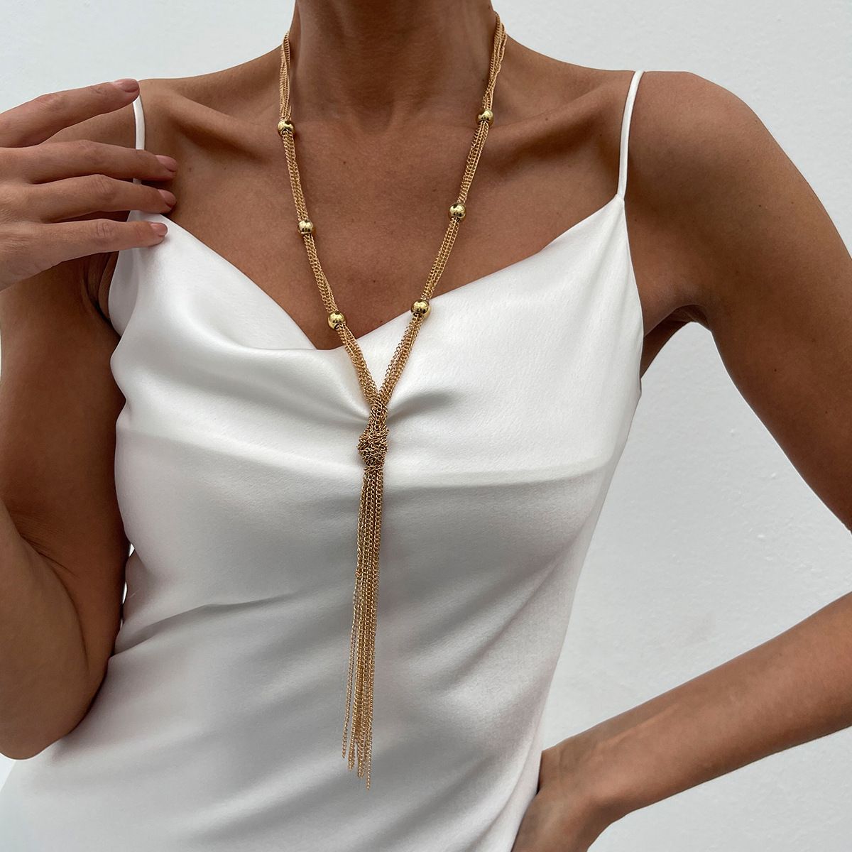 Minimalist Y-Shaped Metal Tassel Layered Necklace - Yunhai Jewelry