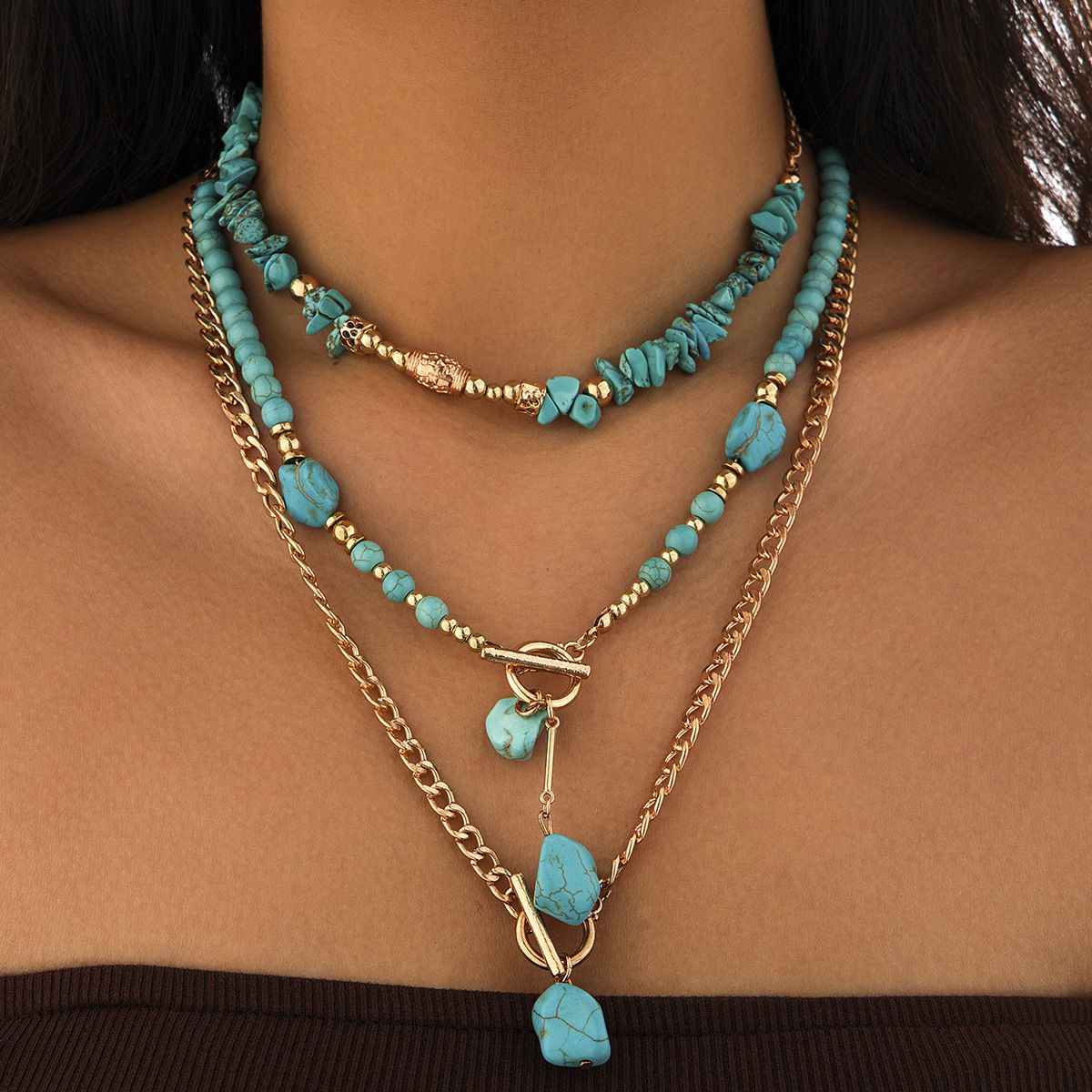 Geometric Beaded Multi-Layer Turquoise Choker Necklace - Yunhai Jewelry