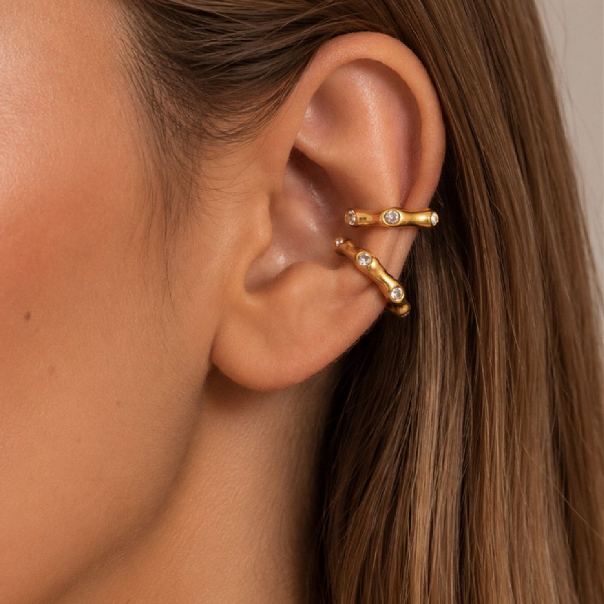 18K Gold Diamond-Encrusted Bamboo Joint Ear Claws - Yunhai Jewelry