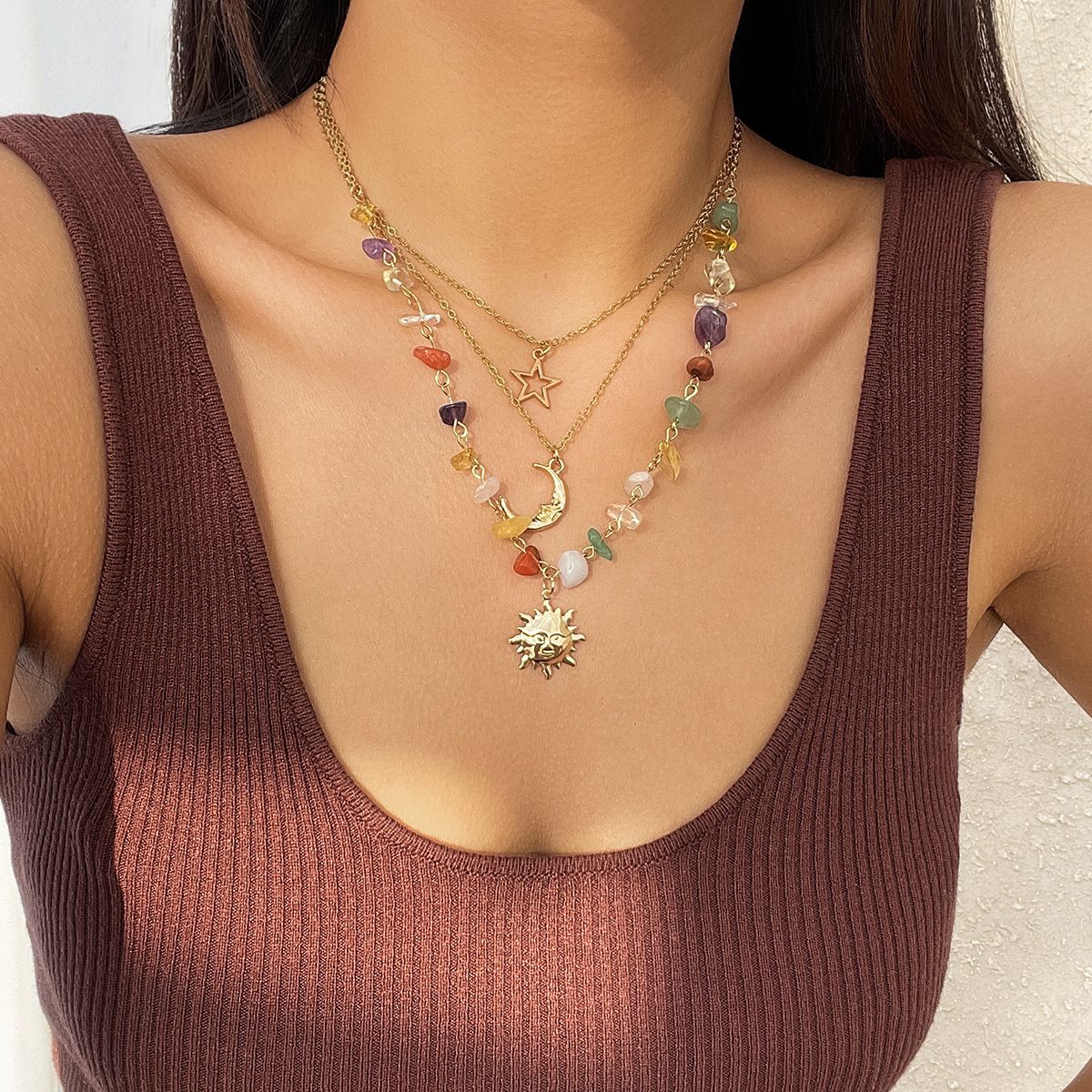 Retro Moon Cubic Zirconia Layered Necklace - Yunhai Jewelry