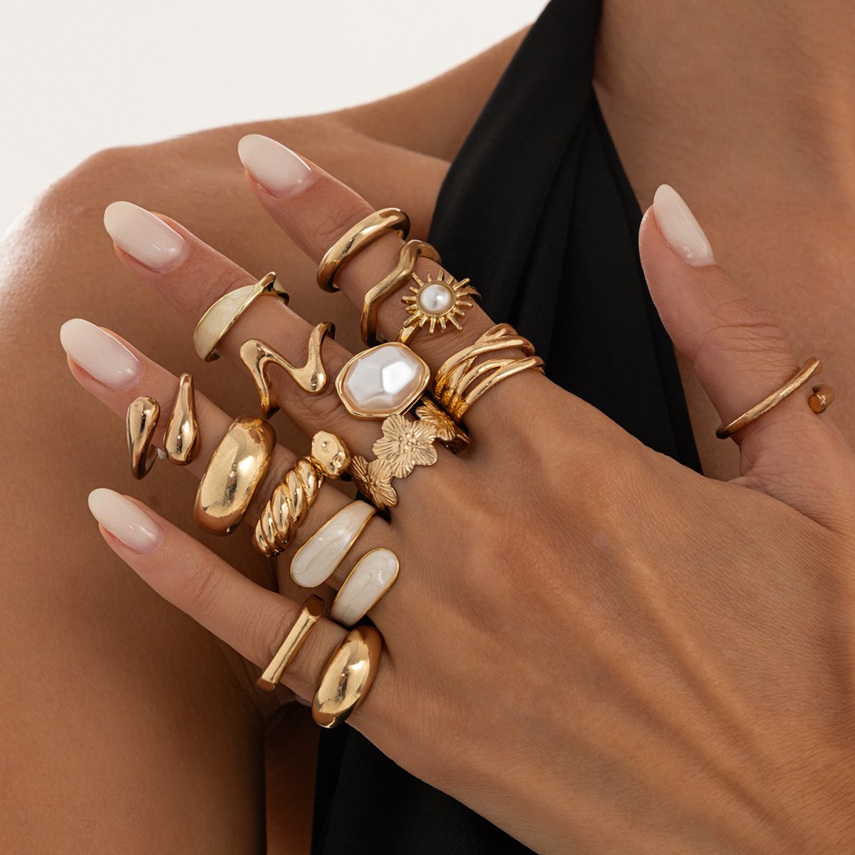 Irregular Flower Hollow-Open Ring Set - Yunhai Jewelry