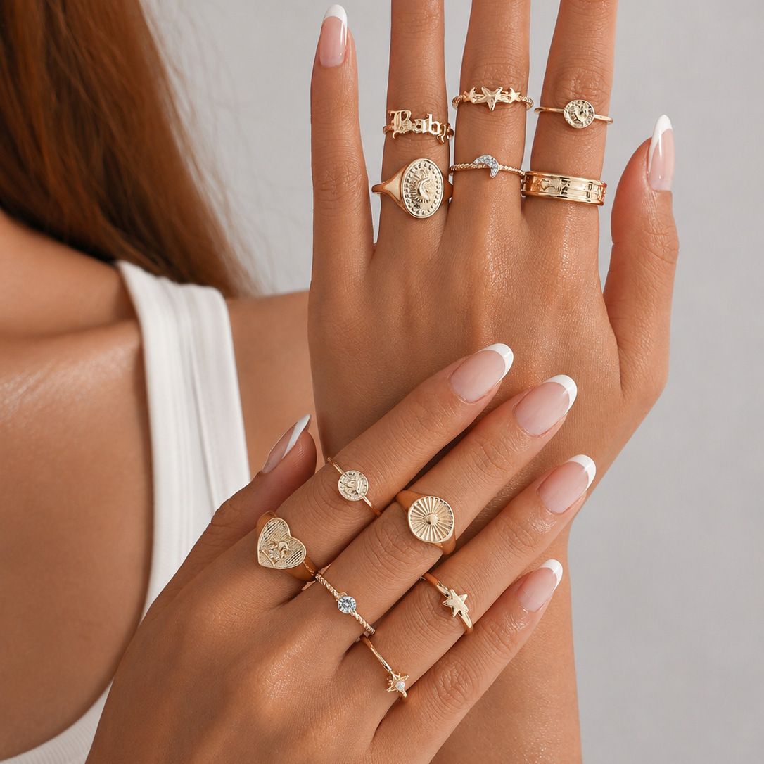 Fashion Diamond-Encrusted Star and Crescent Ring Set - Yunhai Jewelry