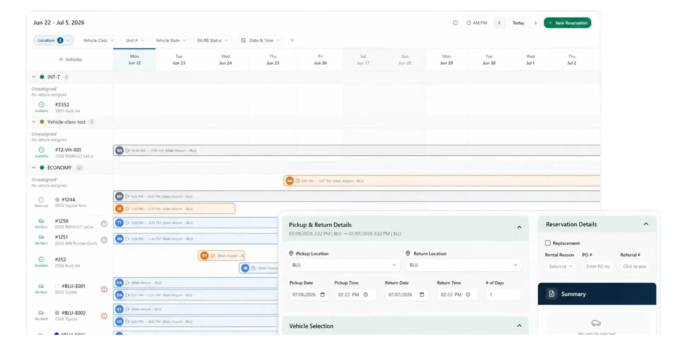 RentWorks Plus Reservation Planner with vehicles by class across a two-week calendar