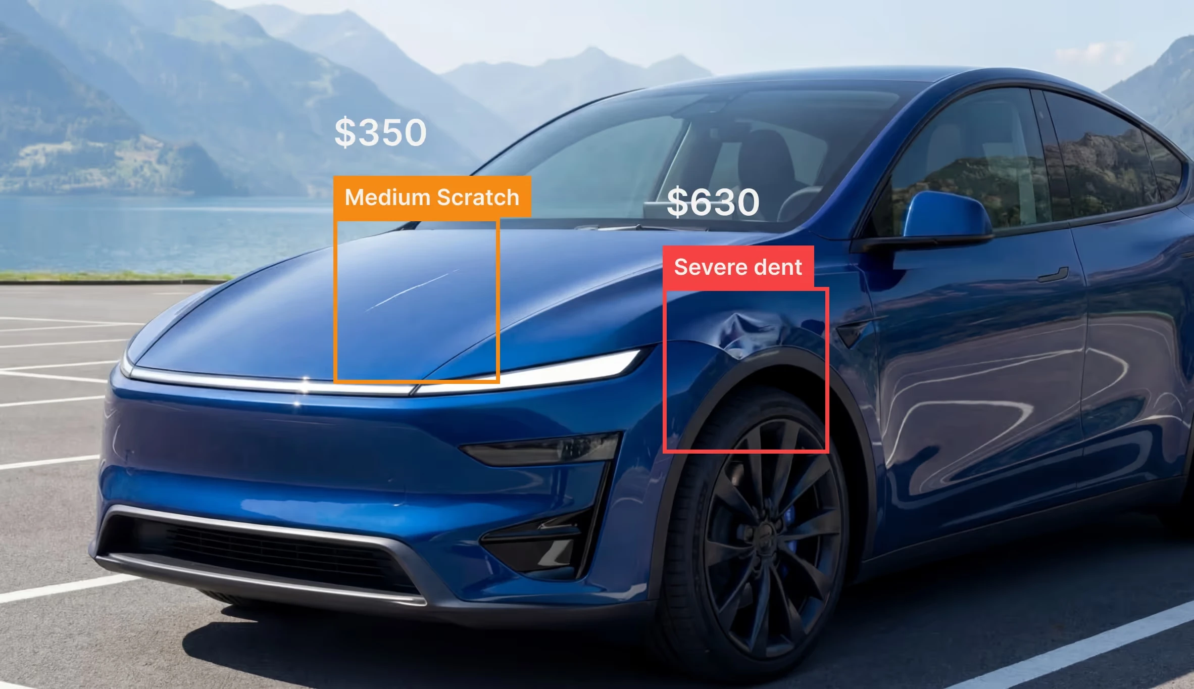 Blue vehicle with AI-detected damage and estimates highlighted