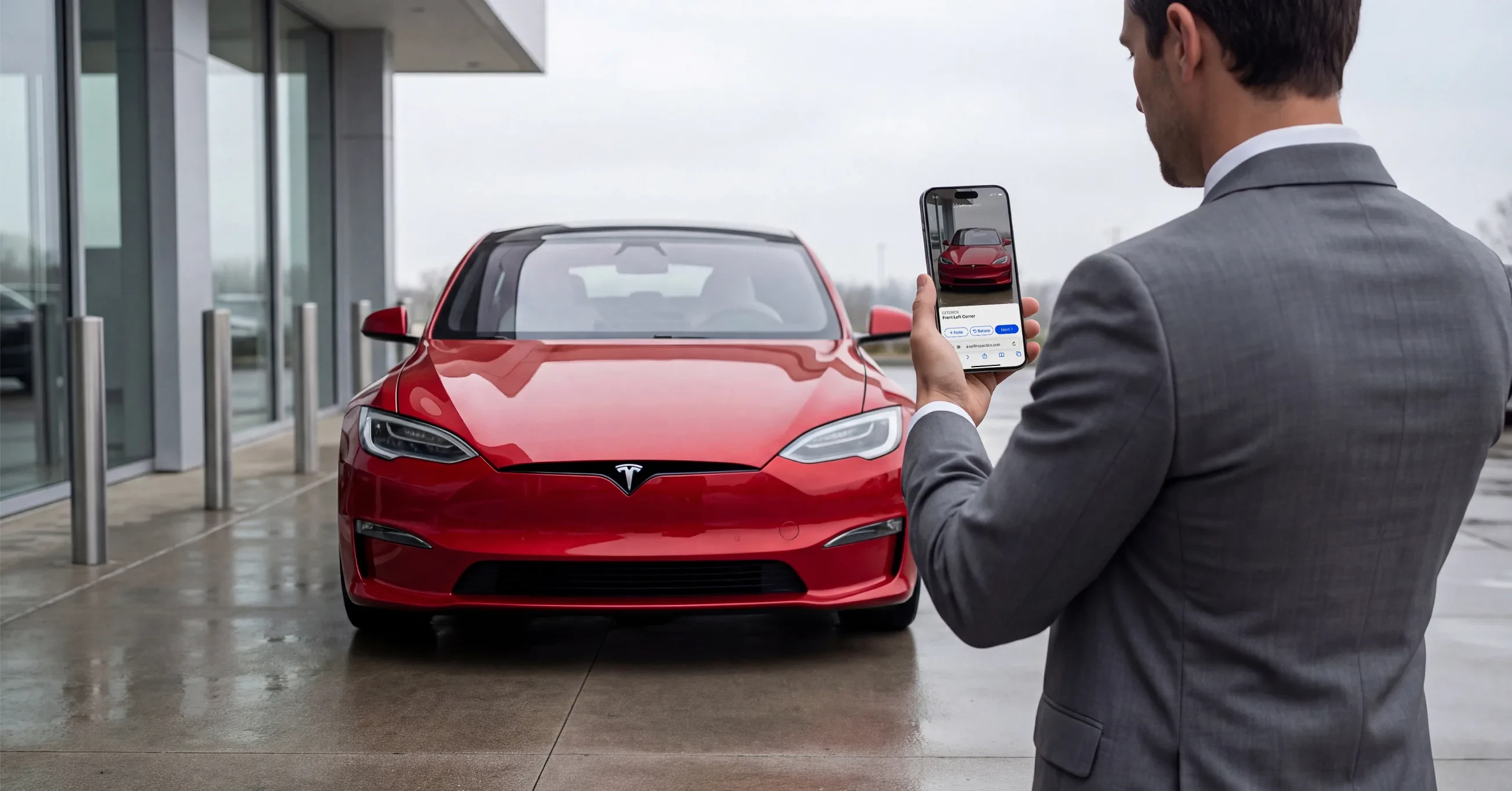 Inspector photographing a returned red sedan with a phone outside a dealership
