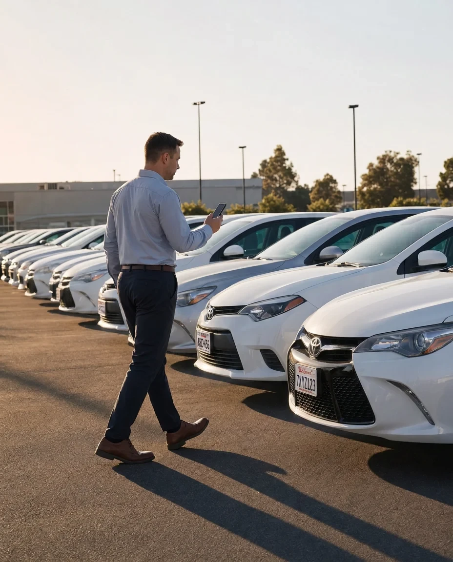 Rental agent walking a row of white sedans on the lot with a phone in hand