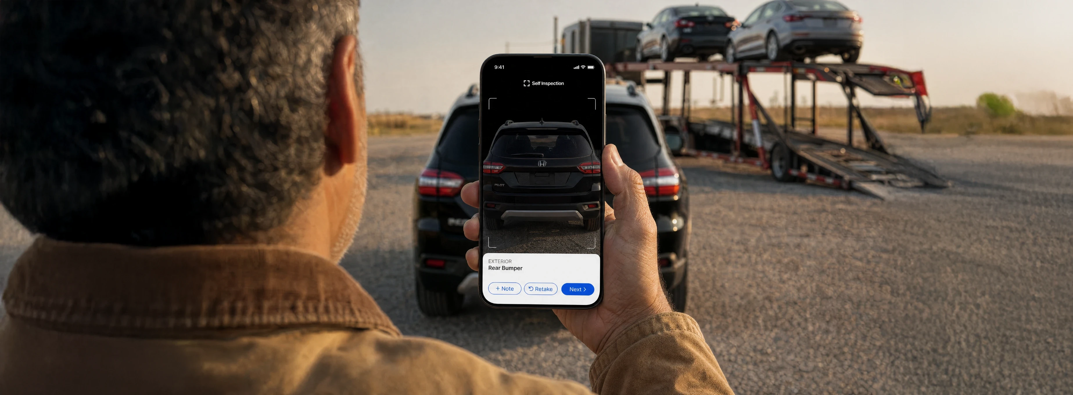 Inspector capturing a vehicle’s rear bumper with the Self Inspection app beside a car carrier
