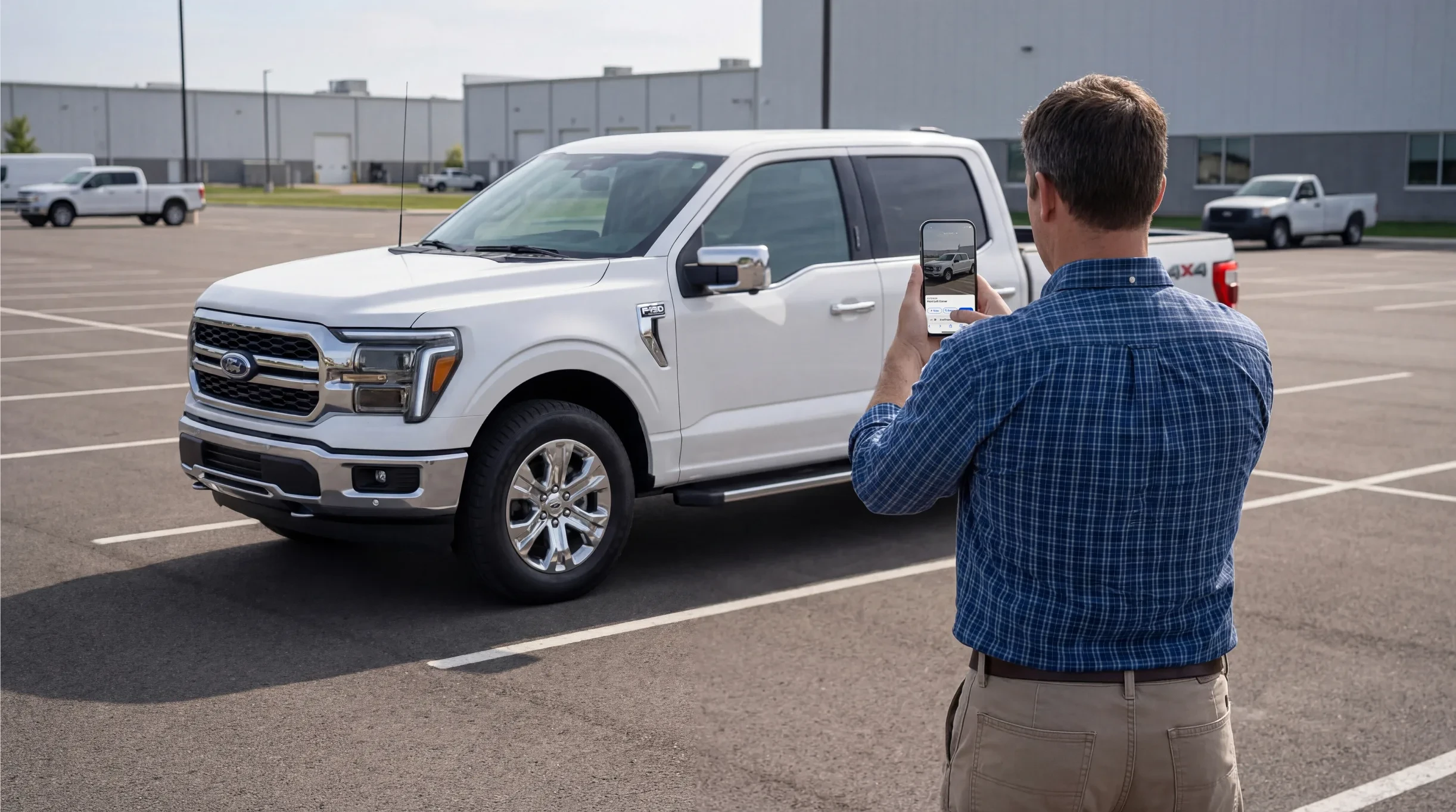 Fleet manager photographing a white pickup with a phone in a depot parking lot