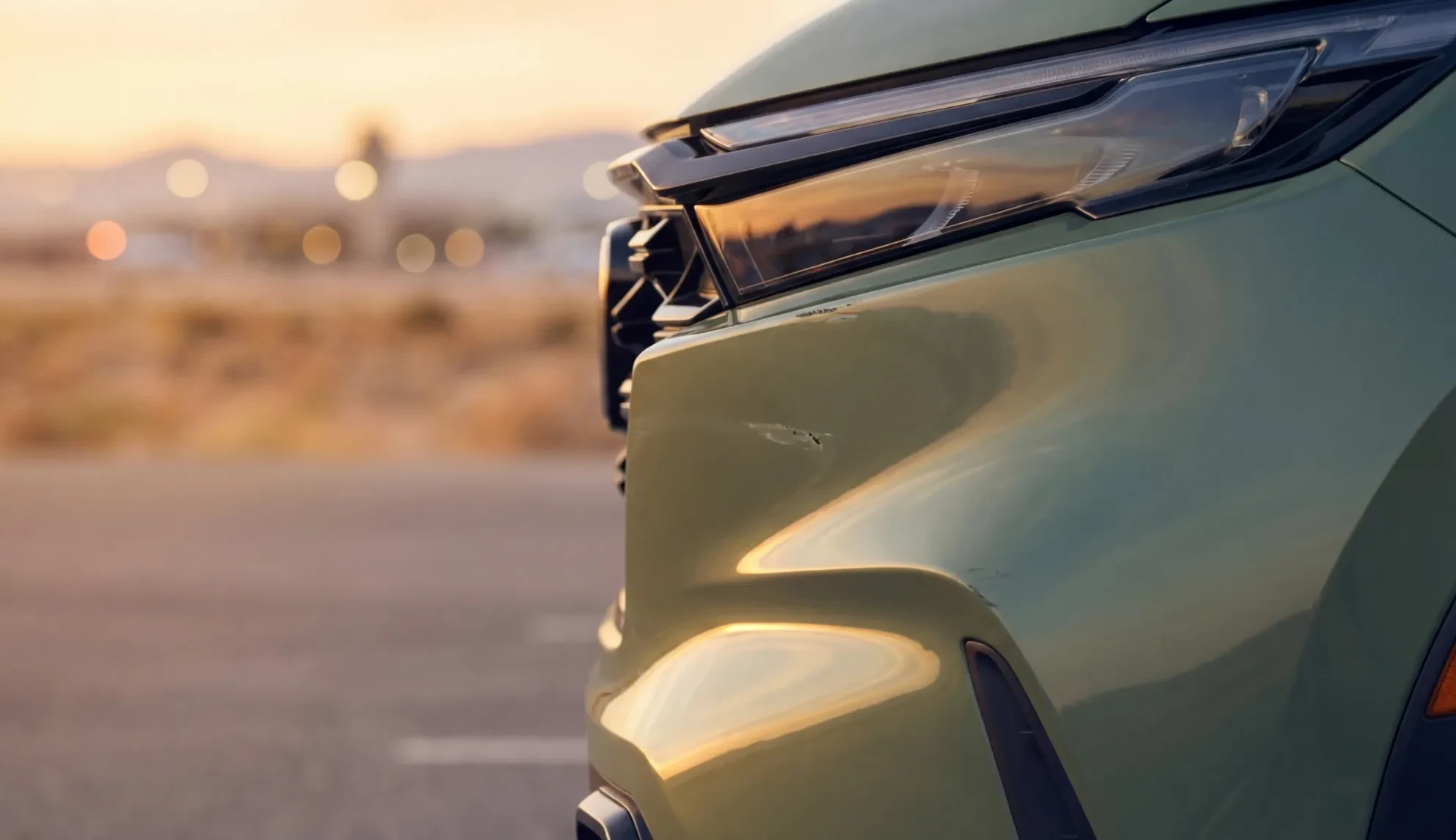 Front bumper corner and headlight of a green SUV at sunset, with a scuff on the bumper