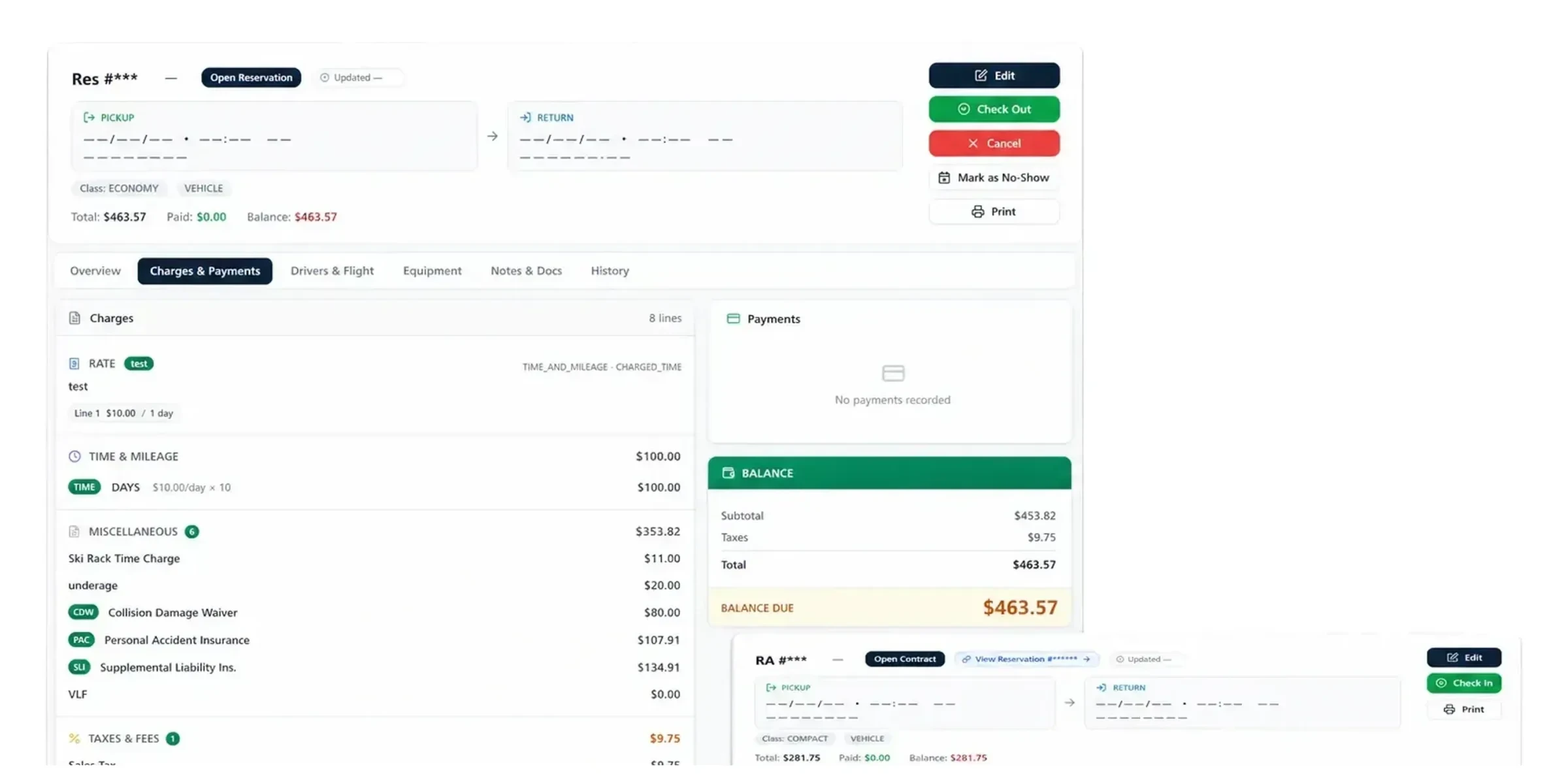 RentWorks Plus reservation charges, payments and balance due