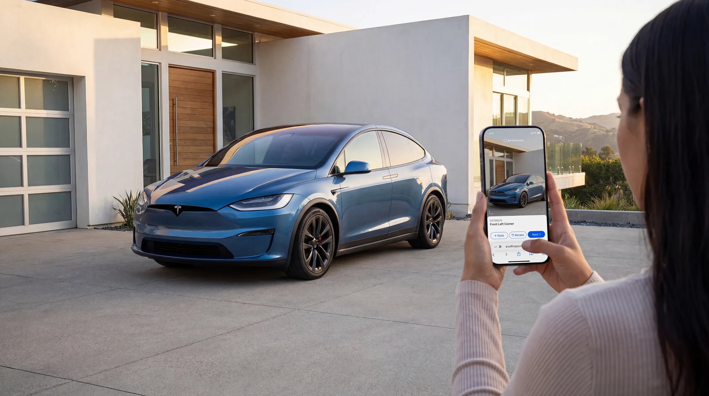 Seller photographing a blue SUV with a phone in a home driveway