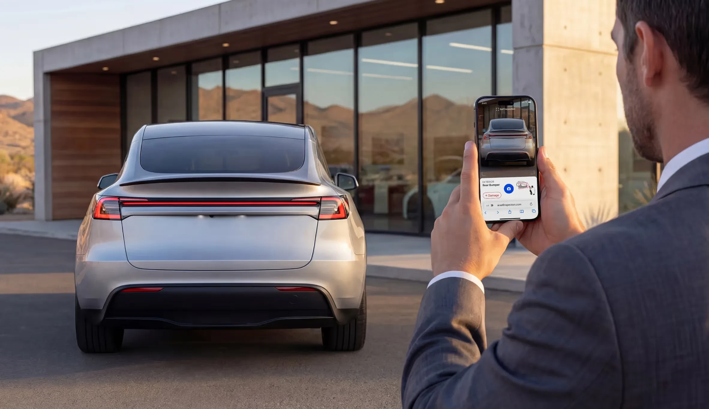 Sales rep capturing a vehicle inspection on a phone outside a dealership