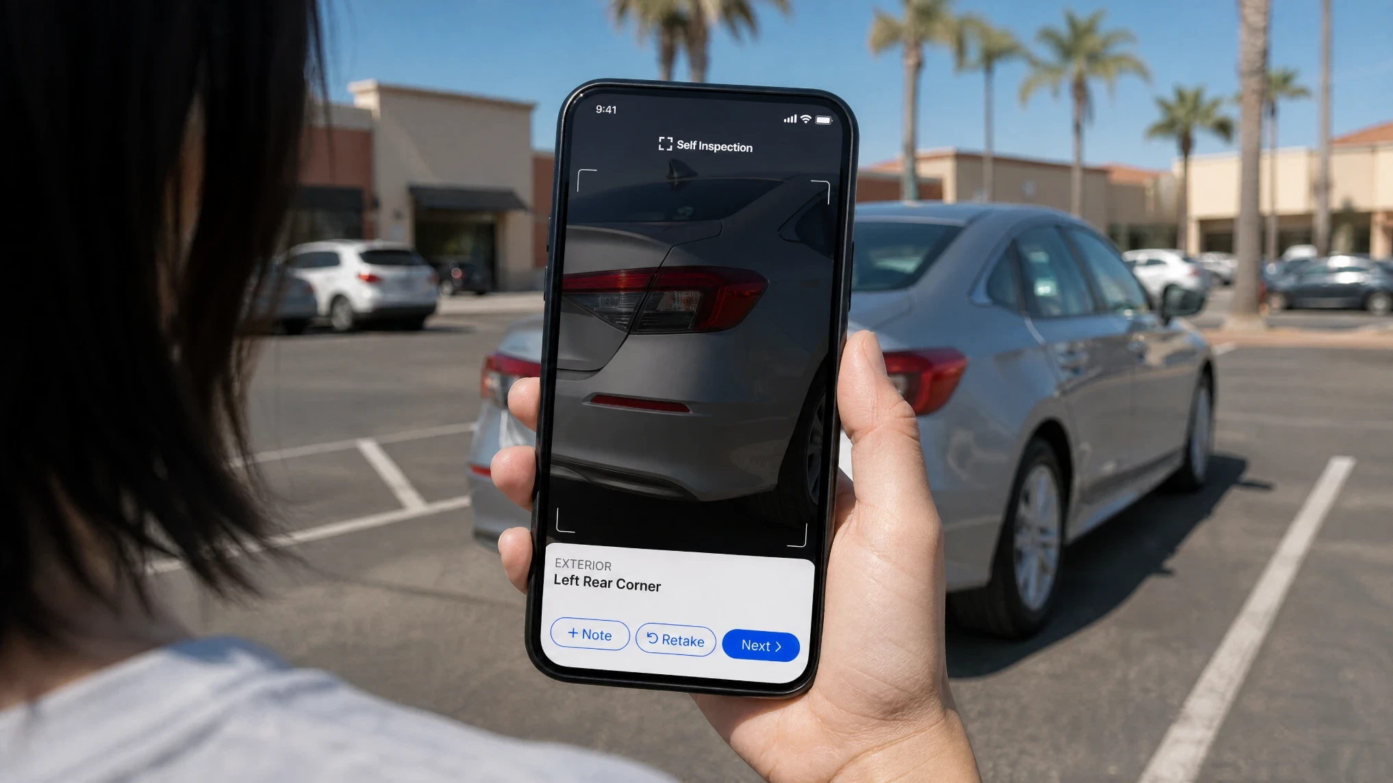 Person holding a phone running Self Inspection guided capture on the left rear corner of a silver sedan