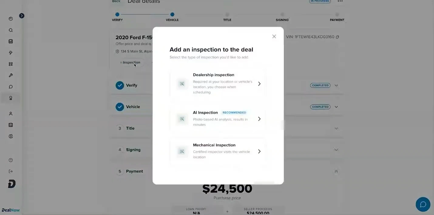 DealNow dialog to add an inspection, with Dealership, AI and Mechanical inspection options and AI Inspection marked recommended