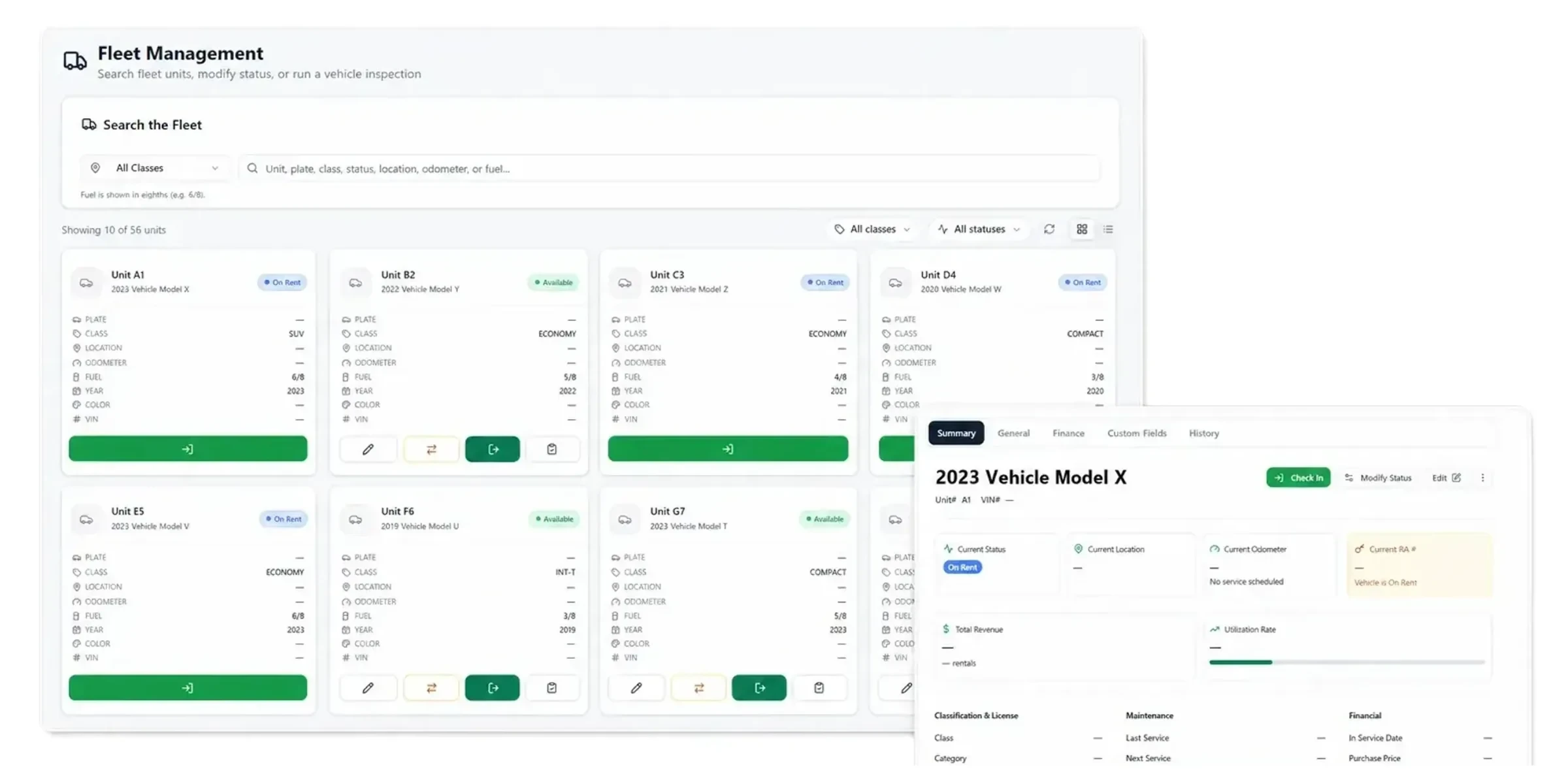 RentWorks Plus fleet management view with unit cards and status
