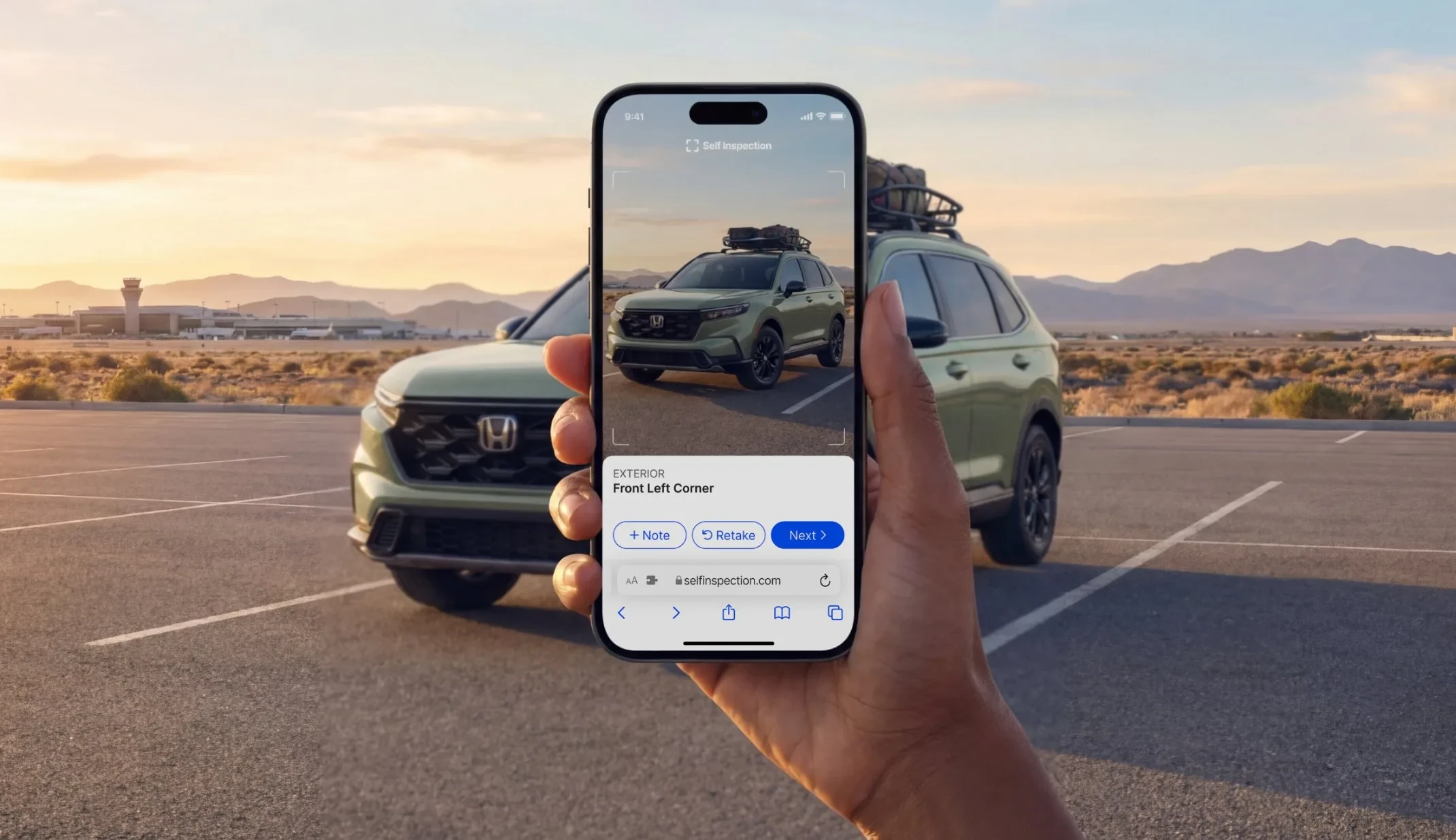 Renter capturing the front left corner of an SUV with the Self Inspection web app at an airport lot