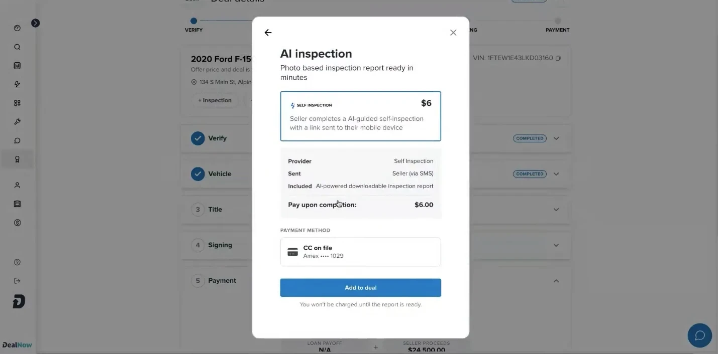 DealNow AI inspection dialog with Self Inspection selected, sent to the seller by SMS, and an Add to deal button
