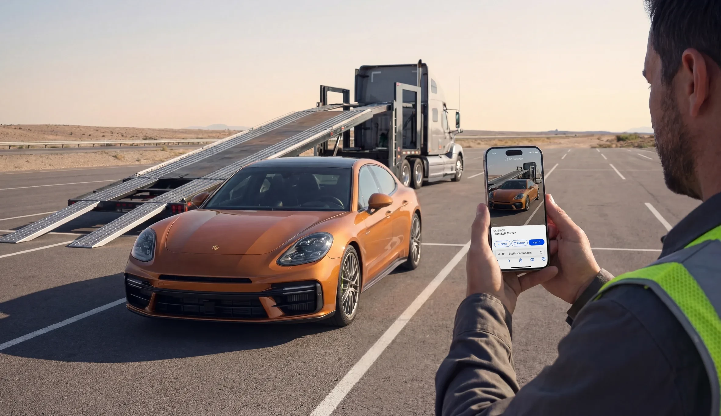 Carrier driver photographing an orange sedan with a phone beside a car carrier