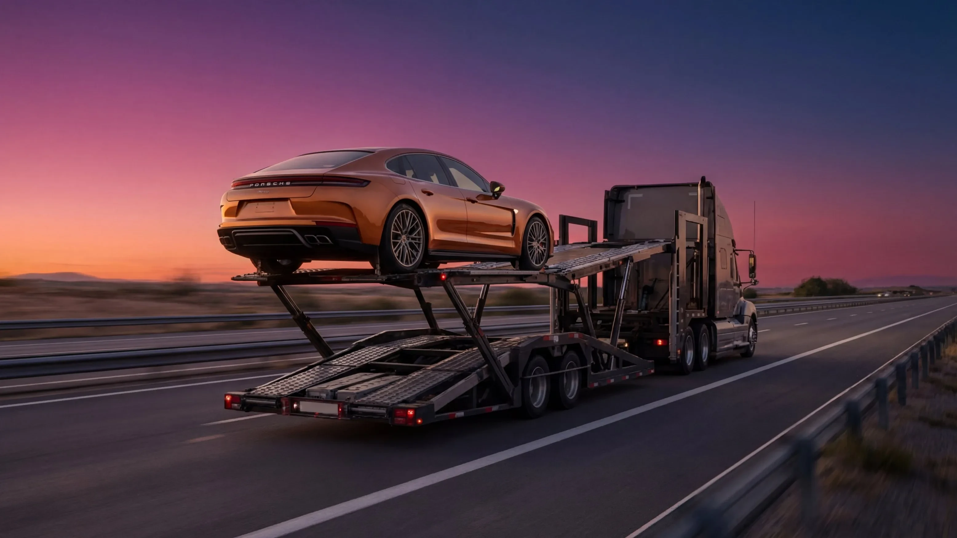 Car carrier hauling a sedan on a highway at dusk