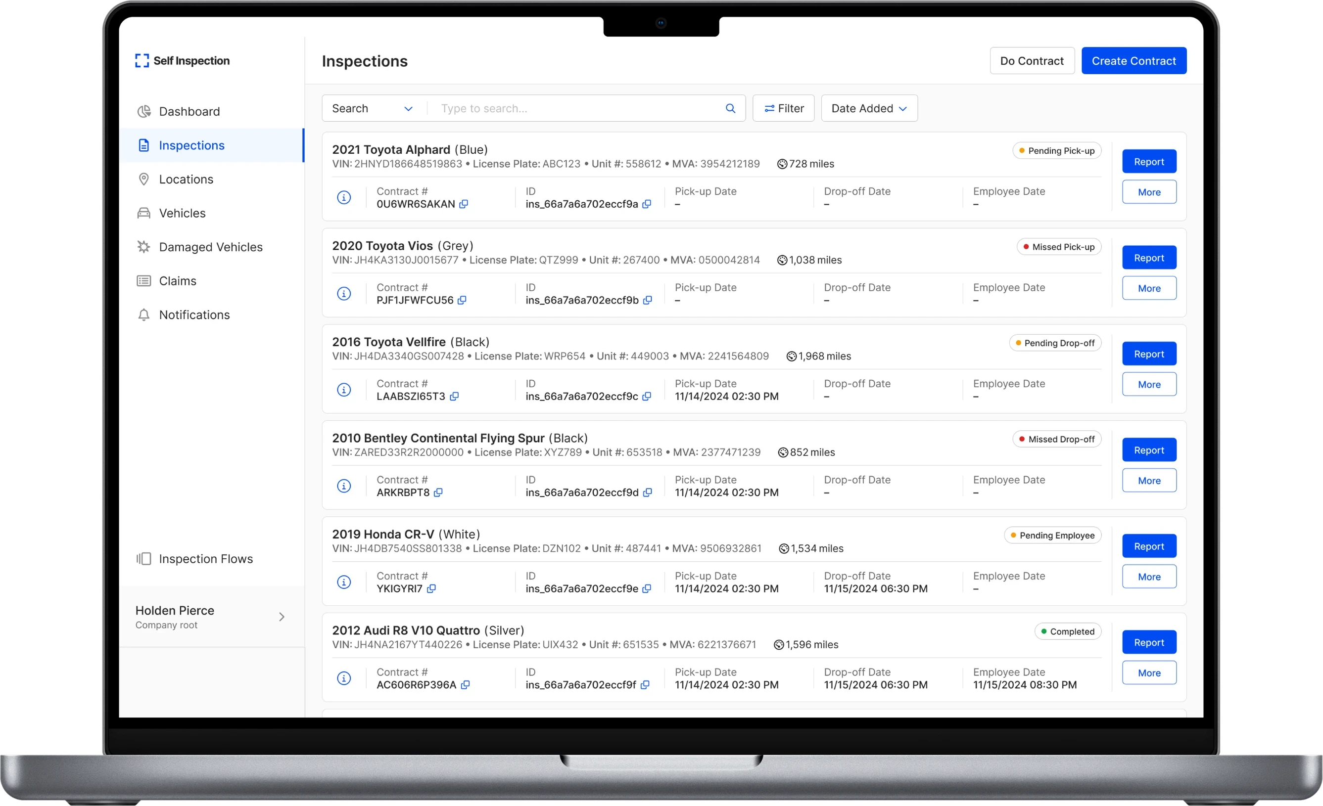 Self Inspection web app on a laptop, showing the inspections list with contract, pick-up and drop-off status