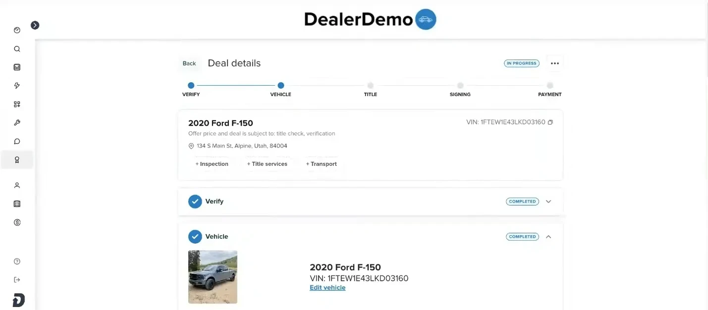 DealNow deal details for a 2020 Ford F-150, with the Vehicle step in progress and Inspection, Title services and Transport add-ons