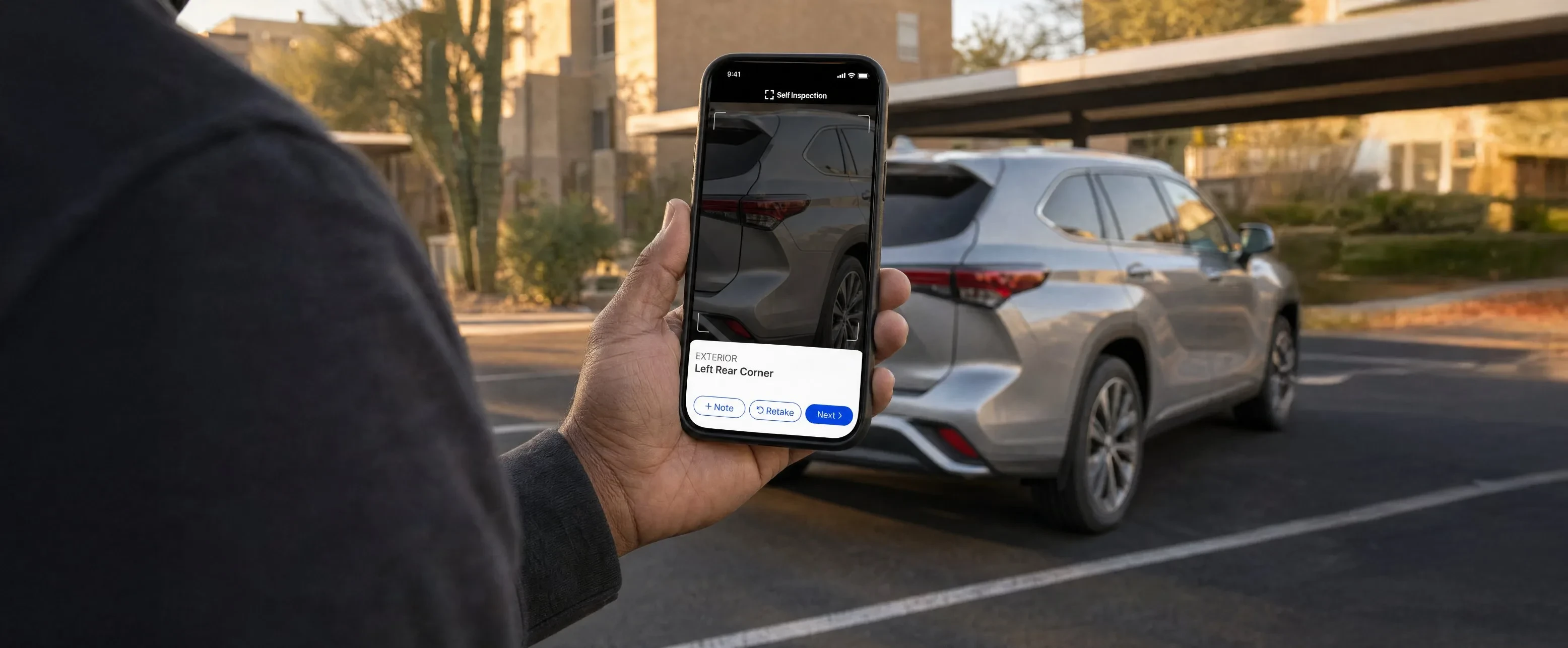 Capturing the left rear corner of an SUV with the Self Inspection web app on a phone
