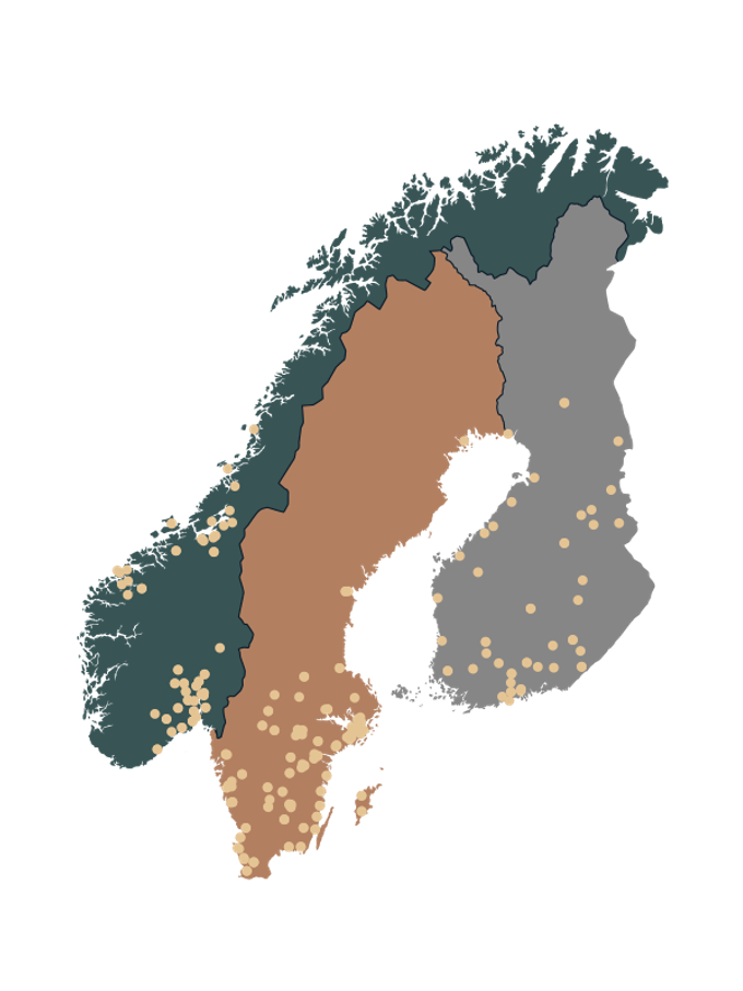 map of: Norway, Sweden and Finland