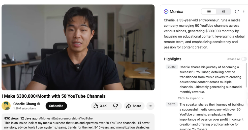 screenshot of monica video summarize