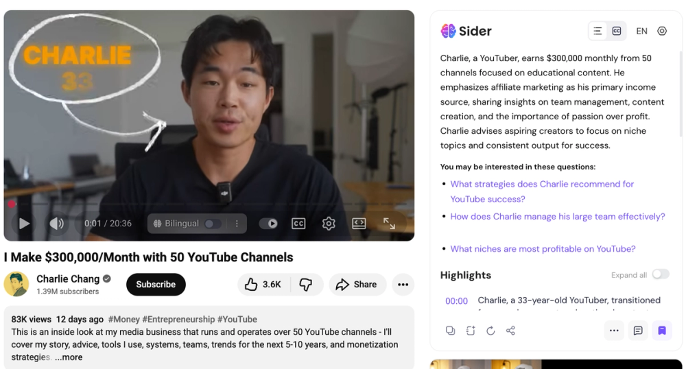 screenshot of sider ai video summarize
