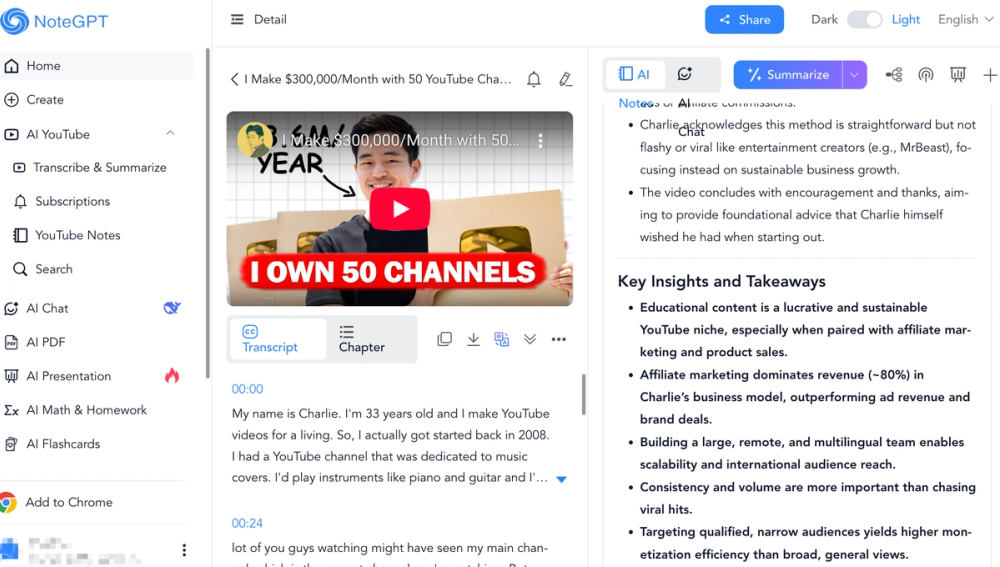 screenshot of notegpt video summarize