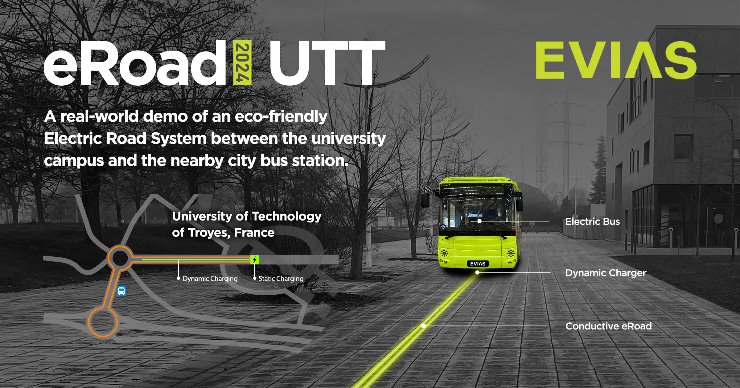 A real-world demo of an eco-friendly Electric Road System between the campus of University of Technology of Troyes, France and the nearby city bus station.