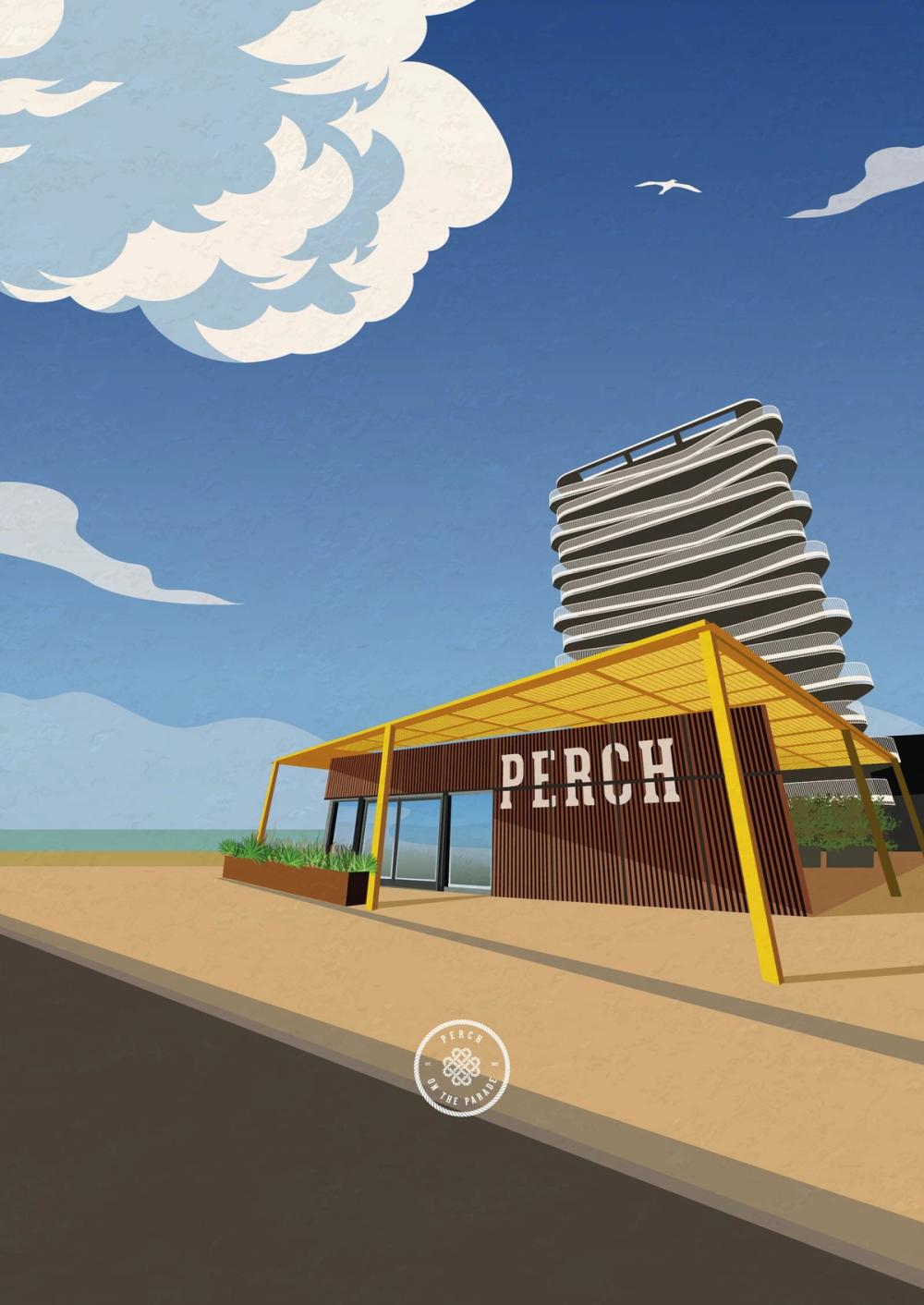 Illustrated poster of Perch on the Parade, the yellow-canopied terrace on Worthing seafront