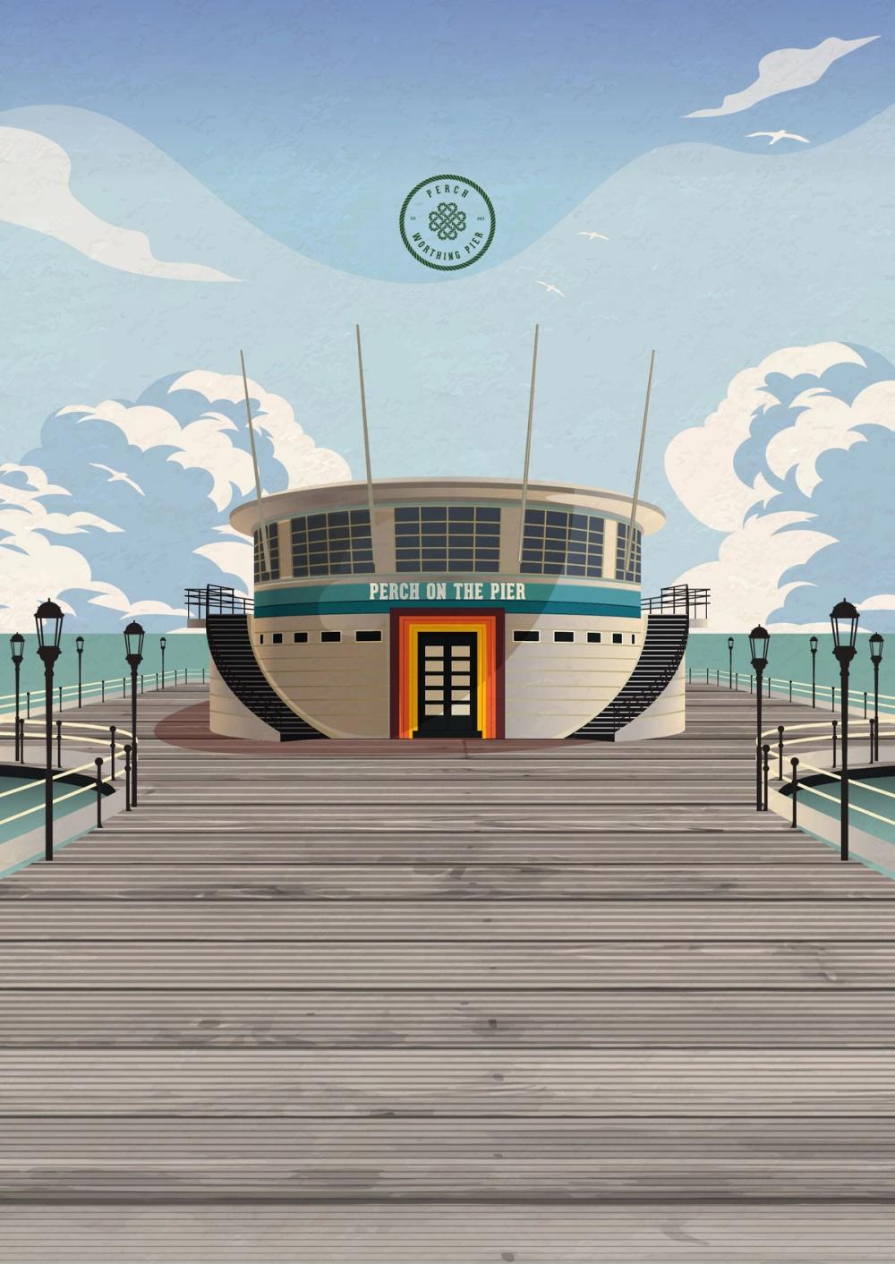 Illustrated poster of Perch on the Pier, the roundhouse at the end of Worthing Pier