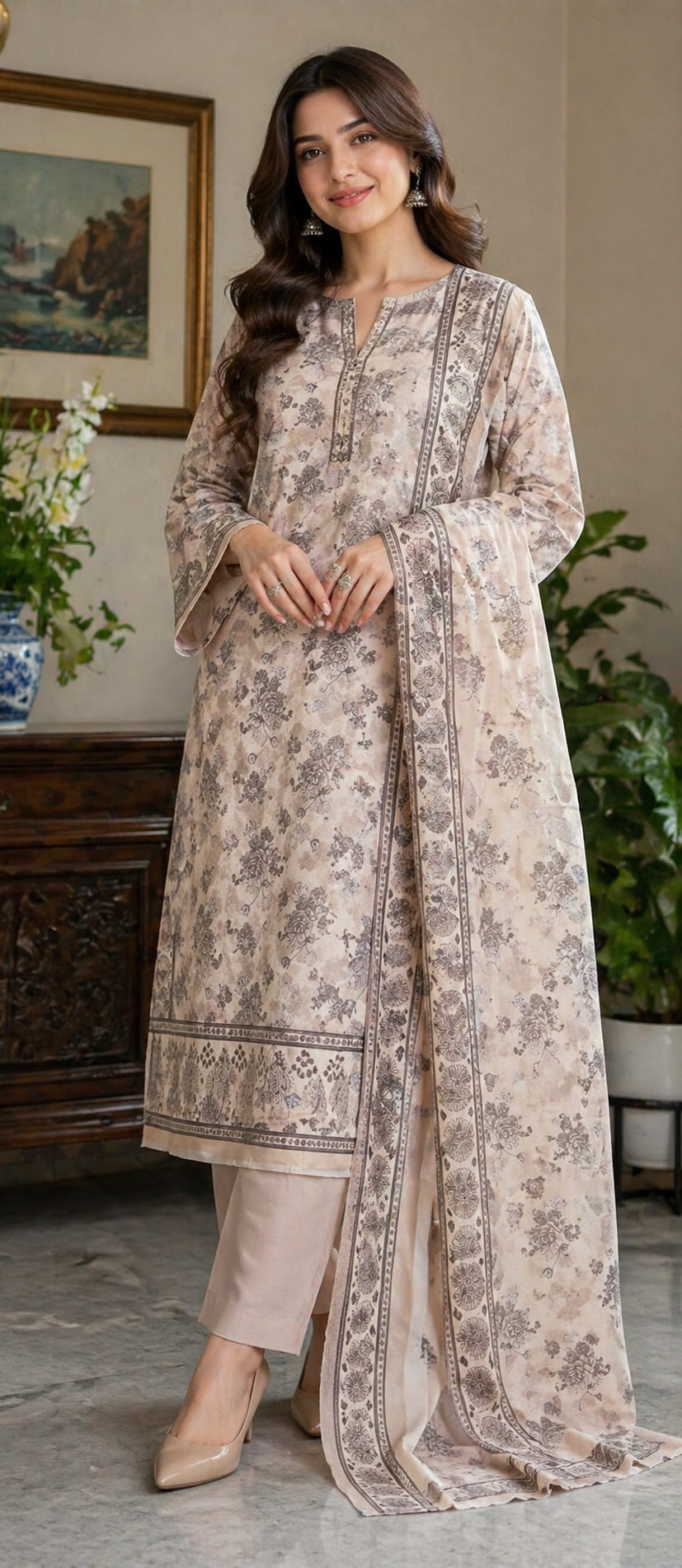 Elegant Beige Floral Lawn 3 Piece Unstitched Suit