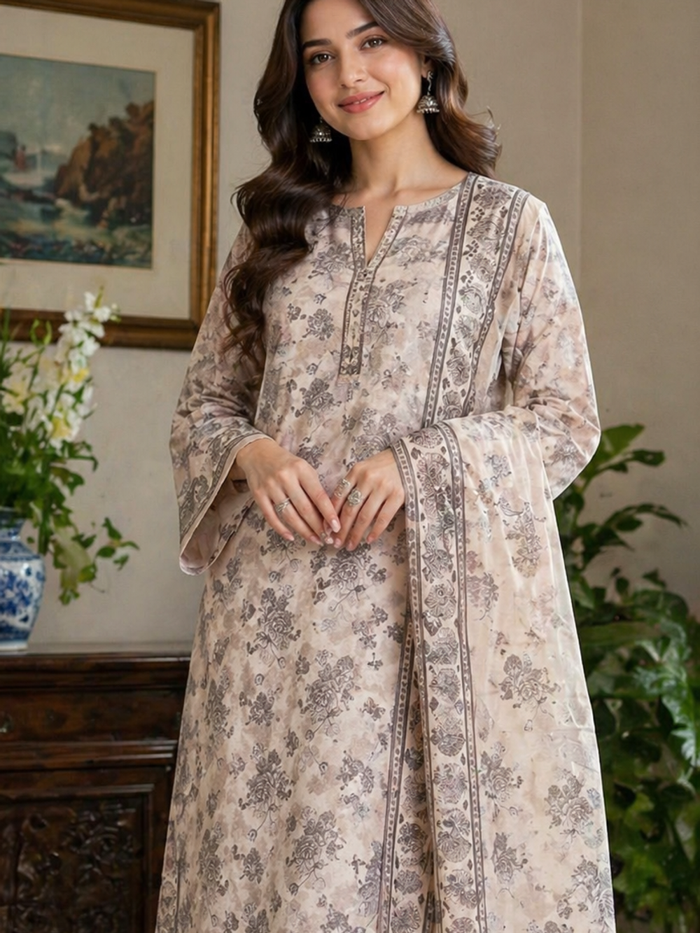 Elegant Beige Floral Lawn 3 Piece Unstitched Suit
