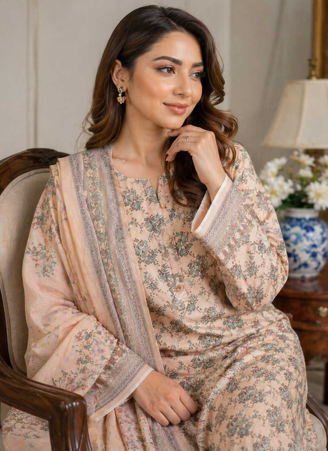 Elegant Peach Floral Lawn 3-Piece Unstitched Suit for Women