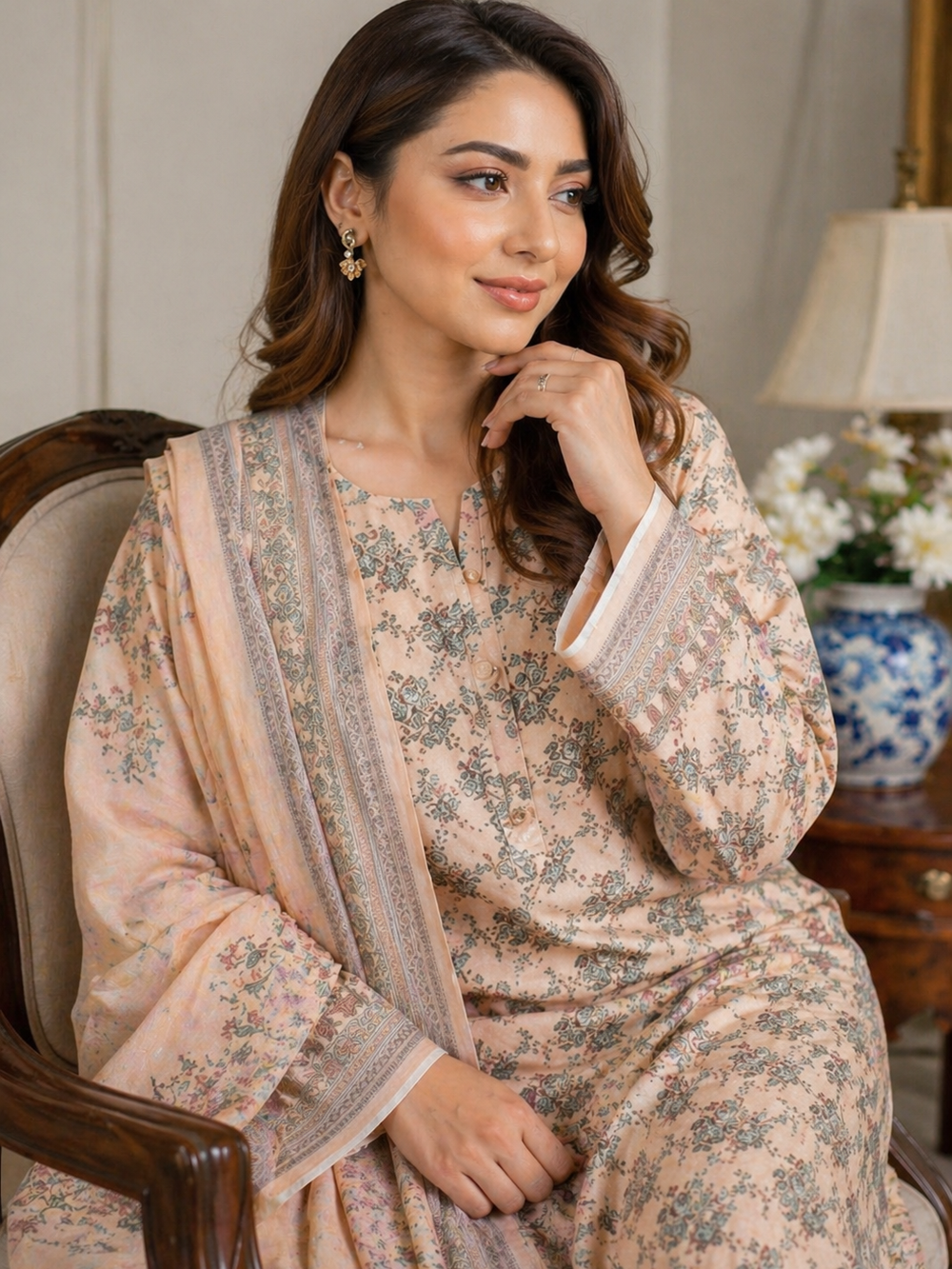 Elegant Peach Floral Lawn 3-Piece Unstitched Suit for Women