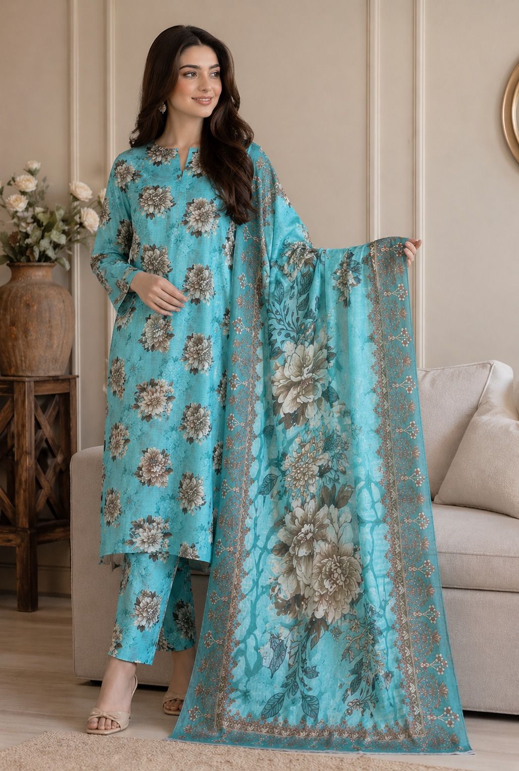 Turquoise Floral Lawn 3-Piece Unstitched Suit allover