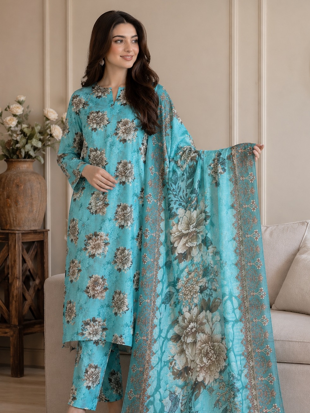 Turquoise Floral Lawn 3-Piece Unstitched Suit allover
