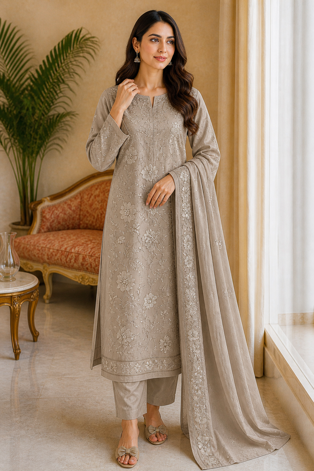 Elegant Beige Embroidered Lawn 3 Piece Unstitched Suit – Summer Collection
