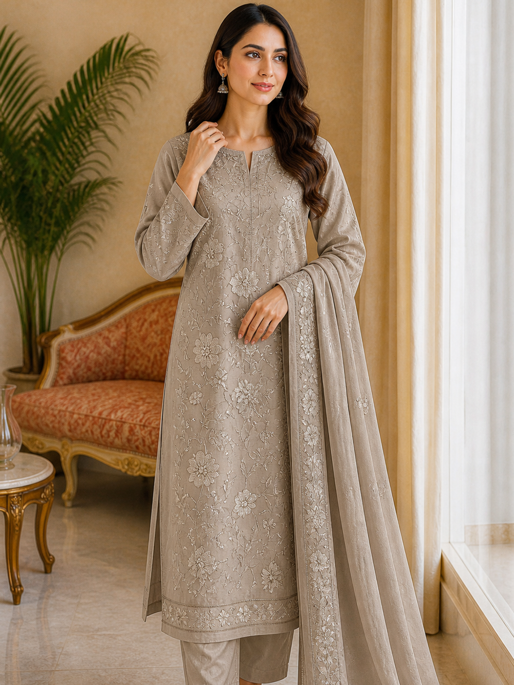 Elegant Beige Embroidered Lawn 3 Piece Unstitched Suit – Summer Collection