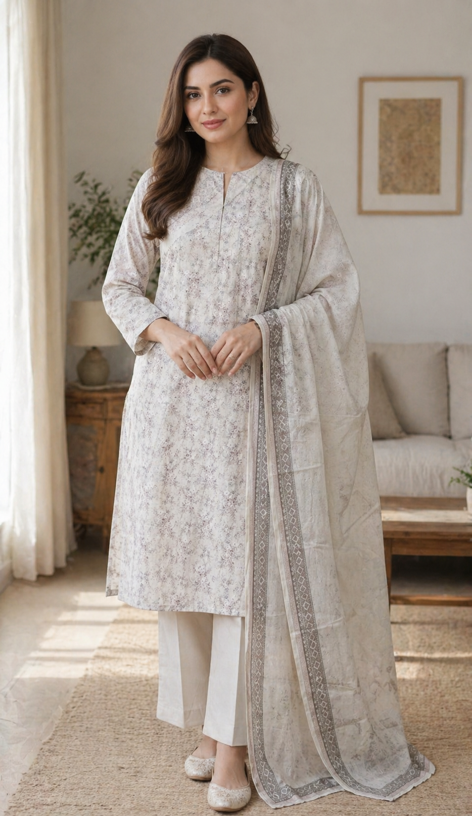 Elegant Ivory Printed Lawn 3-Piece Unstitched Suit
