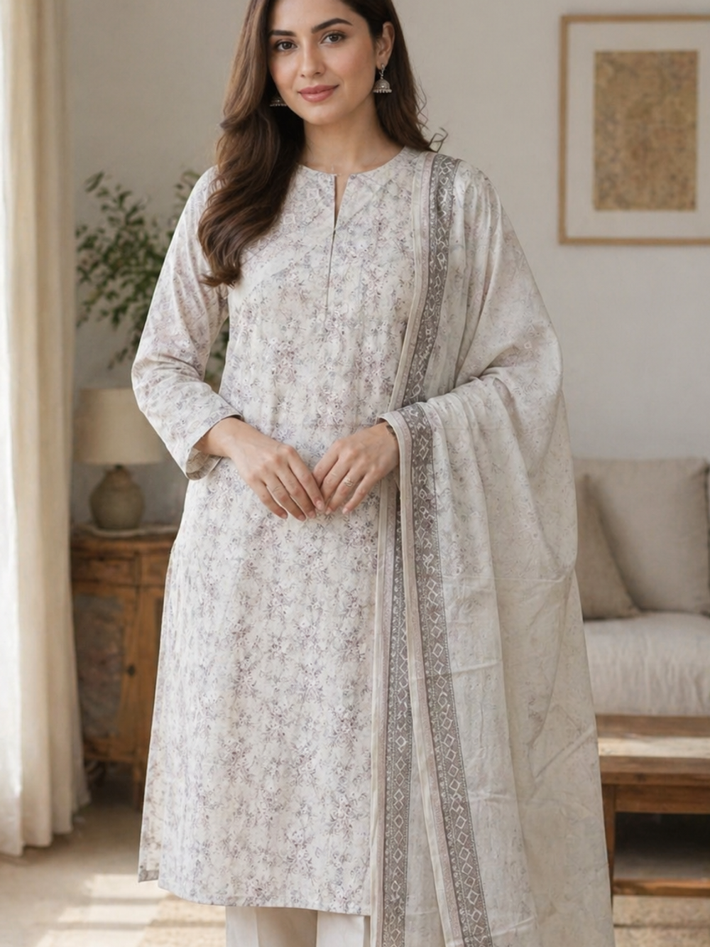 Elegant Ivory Printed Lawn 3-Piece Unstitched Suit